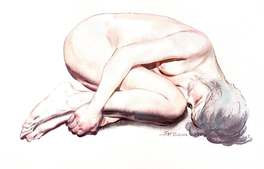 Original Watercolor Painting ｜Nude woman Hugging Her Knees Handmade Artwork