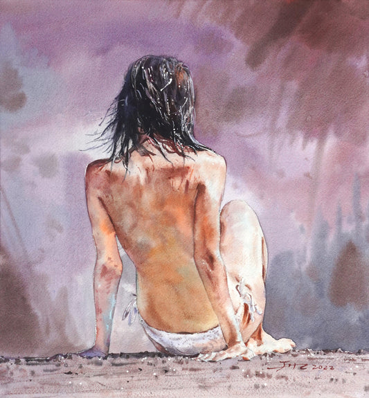 Original Watercolor Painting ｜Female Nude sitting on The Beach Handmade Artwork