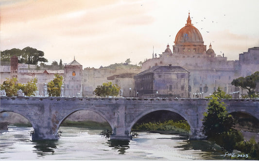 Original Watercolor Painting | St Peter's Church & Ponte Umberto I Bridge, Rome, Italy Handmade Artwork